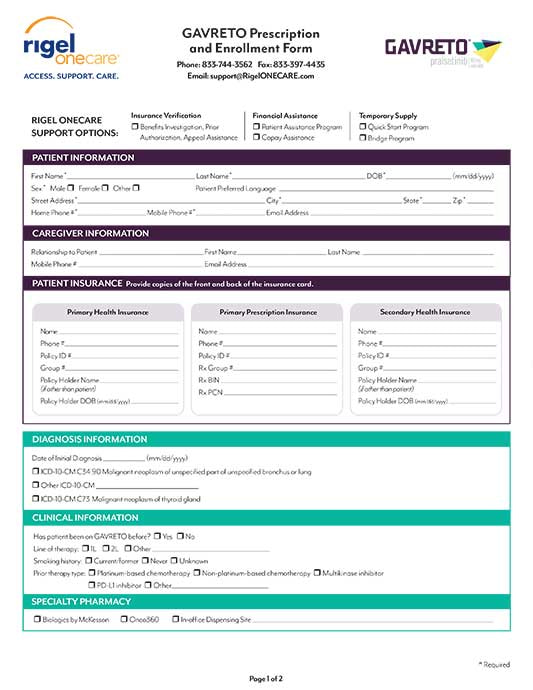 GAVRETO RIGEL ONECARE enrollment form cover